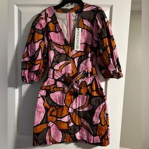 Minkpink Lorna Belted Minidress XS Puff Sleeve Abstract NWT